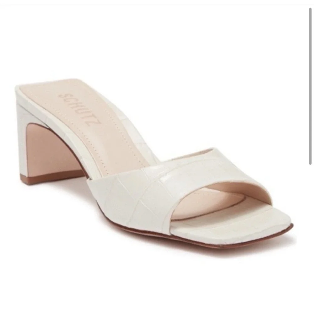 Schutz The Queliana Croc Embossed Mule Block Heel Slip-On Sandal,White, Size 8.5